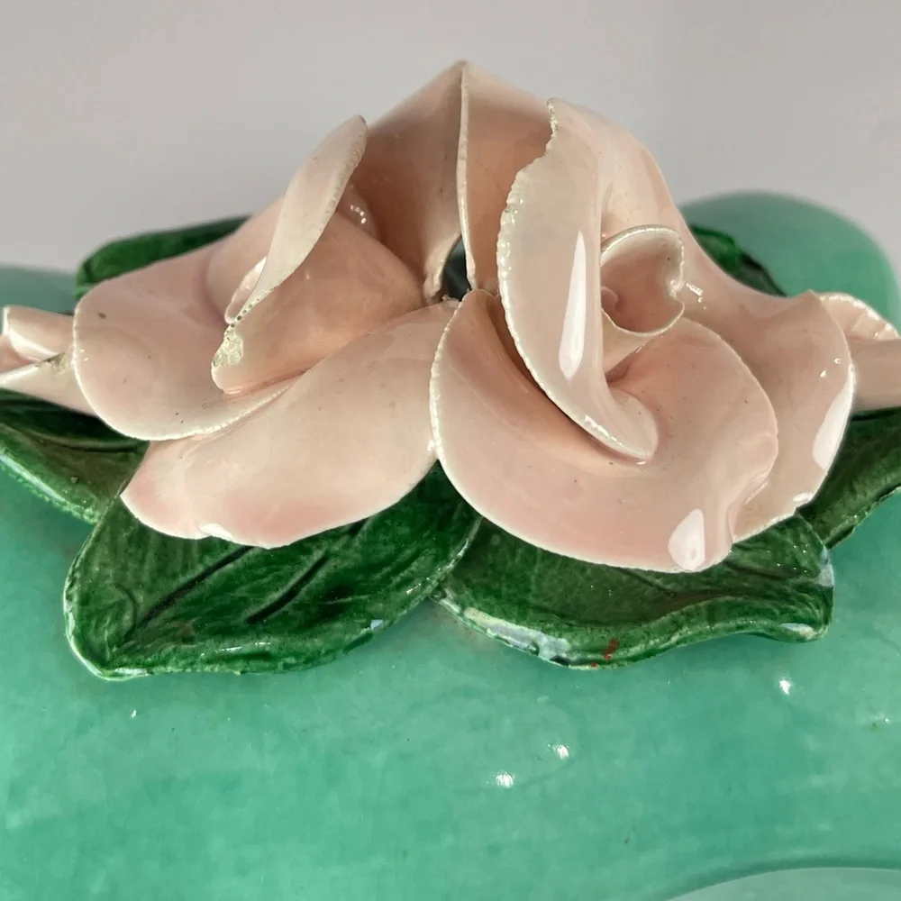 Vintage turquoise porcelain pink roses trinket jewelry box